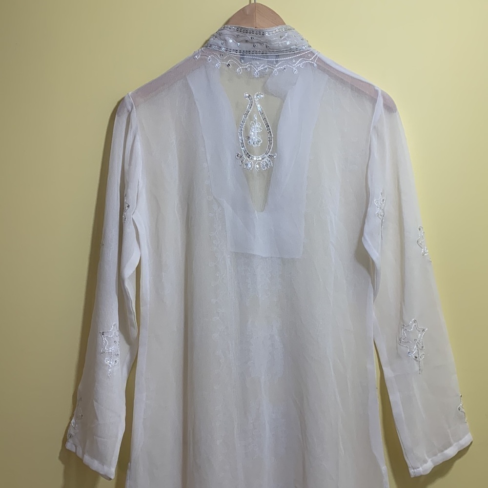 Tokyo Denem White Embroidered Sequin Sheer Long Sleeve Tunic Kimono Dress M - Picture 13 of 17